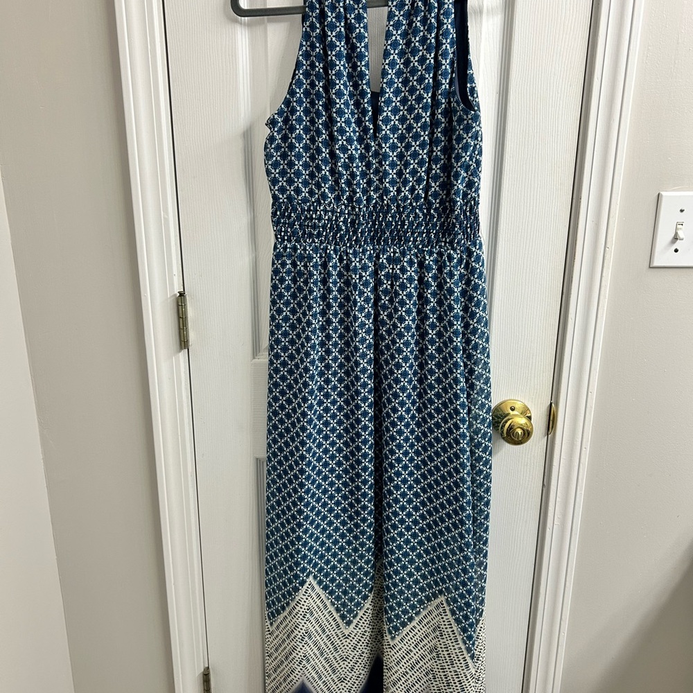 Blue and White Patterned Maxi Dress